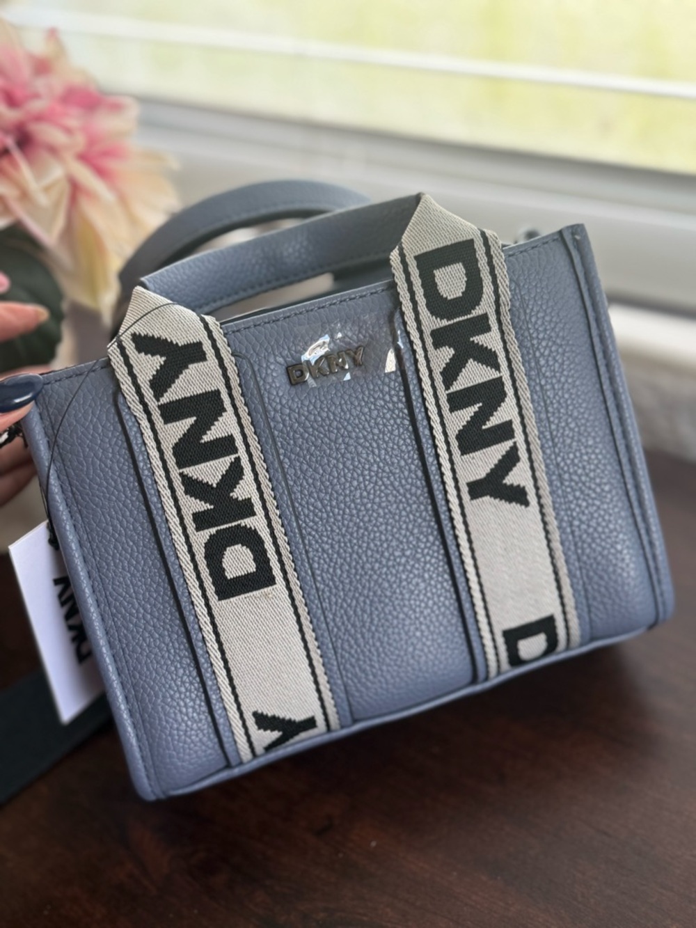 DKNY Cassie Mini Tote in Slate Blue with Logo Webbing NWT Crossbody Bag